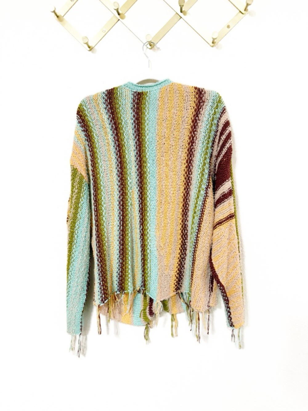 Free People Baja Stripe Fringe Boho Multicolor Button Cardigan Sweater - Picture 9 of 10
